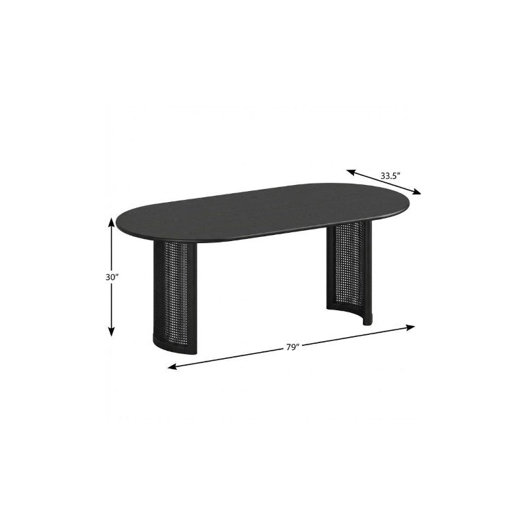 HomeRoots 79 Inch Oval Dining Table Solid Wood Frame Rattan Woven Pedestal Base Seats Eight 721107