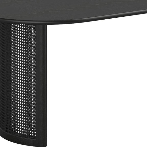 79 Inch Oval Dining Table Solid Wood Frame Rattan Woven Pedestal Base Seats Eight