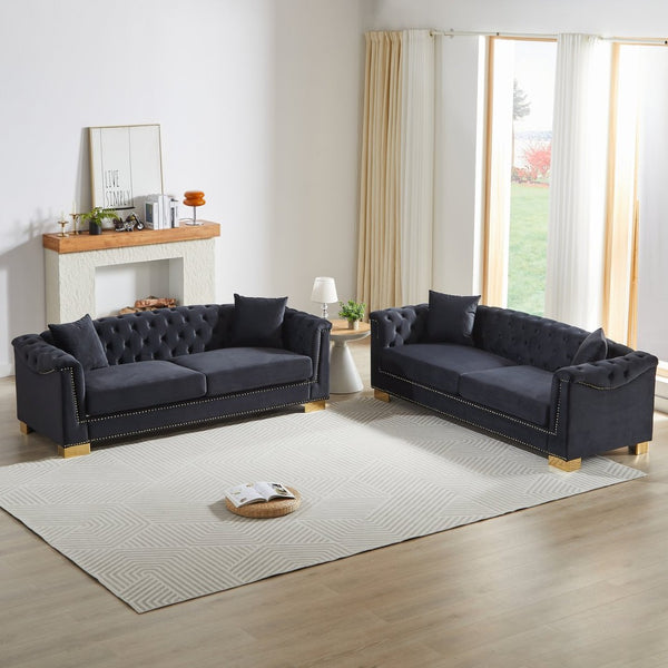 English Elm 3-seater Modular Chesterfield Velvet Sofa Tufted Gold Stud Detail for Elegant Living Rooms Black+Blue W1926S00100