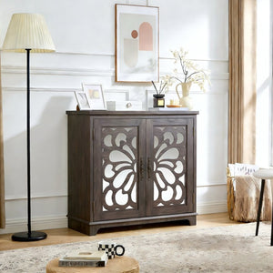 English Elm Elegant Mirrored Sideboard with Butterfly Carved Doors Wood Grain Finish Dining Storage Dark Brown W2899P372739