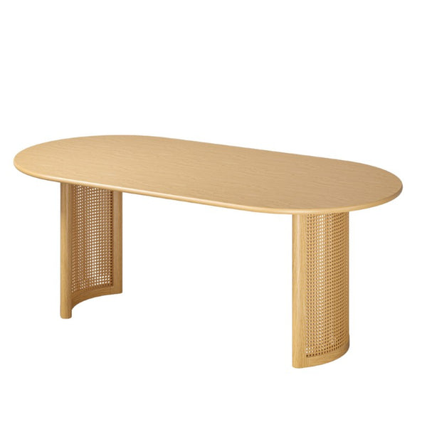 HomeRoots 79 Inch Oval Solid Wood Dining Table with Double Pedestal Base for Large Gatherings 721112