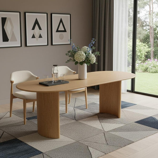 79 Inch Solid Wood Oval Dining Table with Double Pedestal Base Seats up to Eight Guests