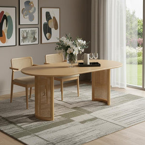 79 Inch Solid Wood Oval Dining Table with Double Pedestal Base Seats up to Eight Guests