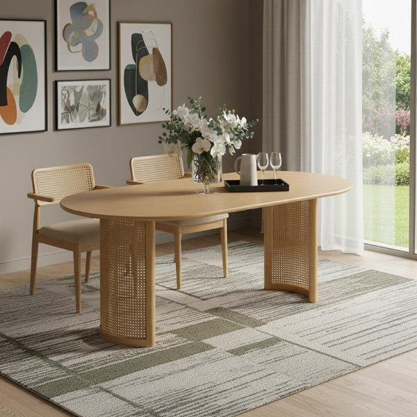 79 Inch Solid Wood Oval Dining Table with Double Pedestal Base Seats up to Eight Guests