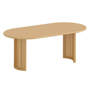 79 Inch Solid Wood Oval Dining Table with Double Pedestal Base Seats up to Eight Guests