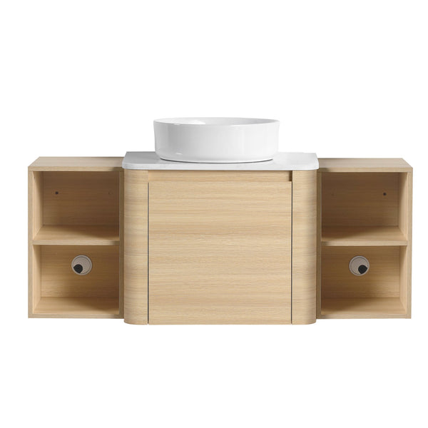 English Elm 48'' Wall-Mounted Bathroom Vanity With Elegant Ceramic Sink, Soft-Close Door & Open Storage Shelves W999S00469