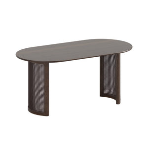 67 Inch Oval Dining Table with Double Pedestal Wood Base Seats Six for Elegant Gatherings