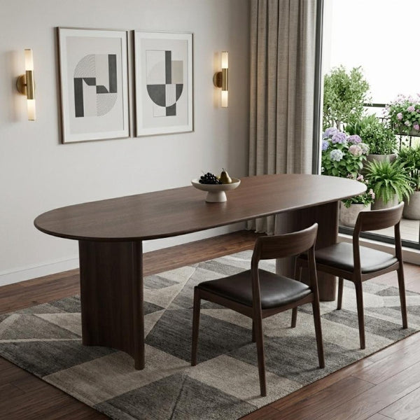 67 Inch Oval Dining Table with Double Pedestal Wood Base Seats Six for Elegant Gatherings