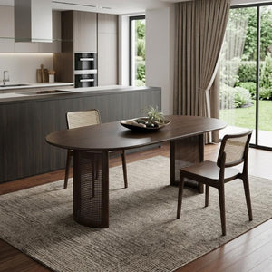 67 Inch Oval Dining Table with Double Pedestal Wood Base Seats Six for Elegant Gatherings