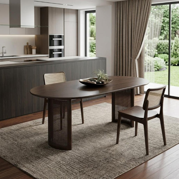 67 Inch Oval Dining Table with Double Pedestal Wood Base Seats Six for Elegant Gatherings