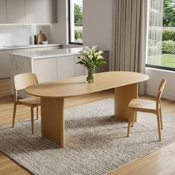 67 Inch Oval Dining Table with Double Pedestal Wood Base Seats Six for Elegant Gatherings