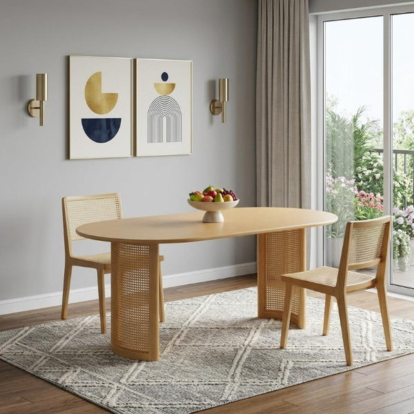 67 Inch Oval Dining Table with Double Pedestal Wood Base Seats Six for Elegant Gatherings