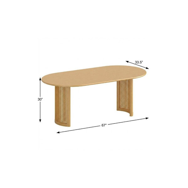 67 Inch Oval Dining Table with Double Pedestal Wood Base Seats Six for Elegant Gatherings