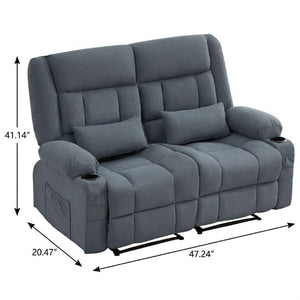 47 Inch Slate Blue Microfiber Reclining Loveseat with Built-in Storage and Accent Pillows
