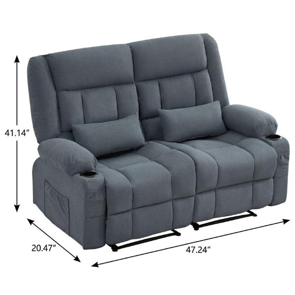 47 Inch Slate Blue Microfiber Reclining Loveseat with Built-in Storage and Accent Pillows