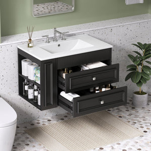 English Elm 30'' Wall Mounted Bathroom Vanity with Ceramic Sink, Floating MDF Cabinet, Soft-Close Drawers & Ample Storage Black N710P334915B