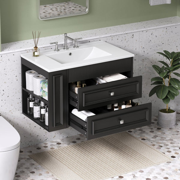 English Elm 30'' Wall Mounted Bathroom Vanity with Ceramic Sink, Floating MDF Cabinet, Soft-Close Drawers & Ample Storage Black N710P334915B