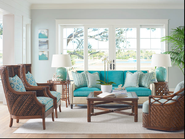 Lexington Tommy Bahama Home Capri Square Cocktail Table - Elegant Tropical Design With Glass Top And Decorative Rattan Details Caribbean Sunset  593-947