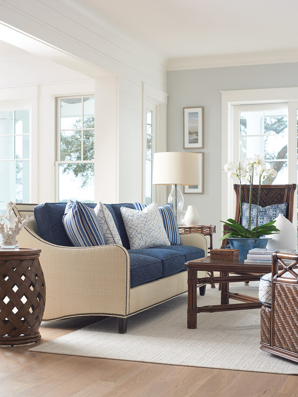 Lexington Tommy Bahama Home Hibiscus Round Accent Table - Elegant Crushed Bamboo Top & Woven Rattan Base For Coastal Living Caribbean Sunset  593-953