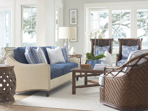 Lexington Tommy Bahama Home Hibiscus Round Accent Table - Elegant Crushed Bamboo Top & Woven Rattan Base For Coastal Living Caribbean Sunset  593-953