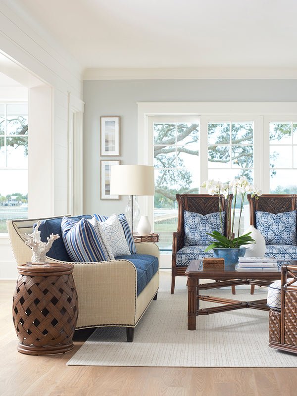 Lexington Tommy Bahama Home Capri Square Cocktail Table - Elegant Tropical Design With Glass Top And Decorative Rattan Details Caribbean Sunset  593-947