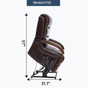 English Elm Power Lift Recliner with Dual Motor Heat Massage Wood Armrests Brown Leatheraire W1803S00080