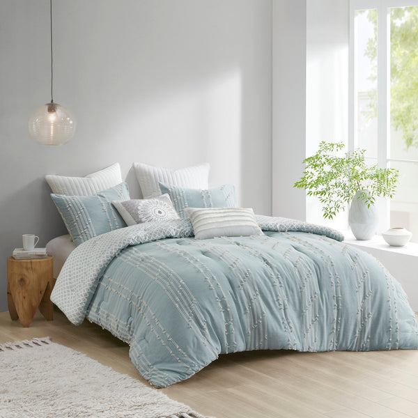 English Elm 3 INK+IVY Kara Cotton Jacquard Comforter Set Full/Queen — Eco OEKO-TEX Stripe & Diamond Reversible Design Aqua 23.62 L x 21.65 W x 15.35 H B03596413