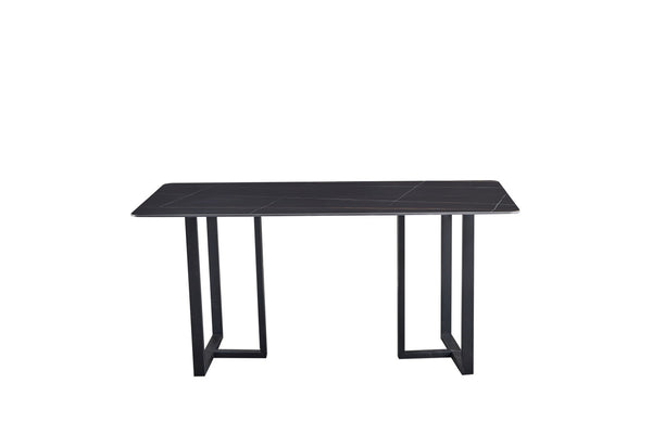 English Elm Carbon Steel Dining Table with Stone Top and Matte Black Frame for Modern Rooms W1002S00002