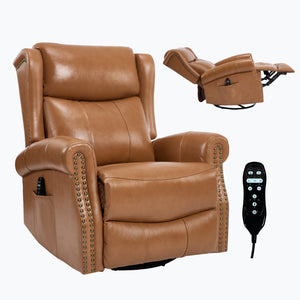 English Elm Heat Massage Swivel Rocker Recliner in Genuine Leather for Living Room Comfort W3224S00013