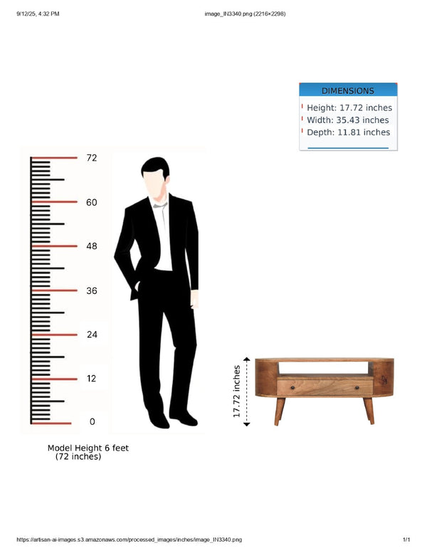 English Elm Solid Wood Mini Rounded Entertainment Unit - Stylish Nordic Design, Oak Finish, 1-Drawer Storage Console B182P279326-GIGA