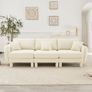 English Elm Boucle 3-Seater Sofa With Chic Shell-Shaped Armrests, Cylindrical Legs, And Plush Beige Upholstery W3041S00276