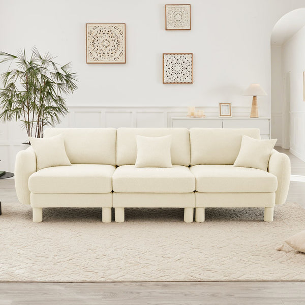 English Elm Boucle 3-Seater Sofa With Chic Shell-Shaped Armrests, Cylindrical Legs, And Plush Beige Upholstery W3041S00276