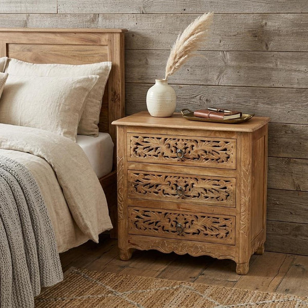 30 Inch Solid Wood Nightstand with Floral Carved Front and Three Storage Drawers