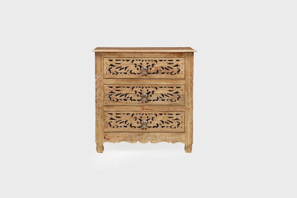 HomeRoots 30 Inch Solid Wood Nightstand with Floral Carved Front and Three Storage Drawers 721468