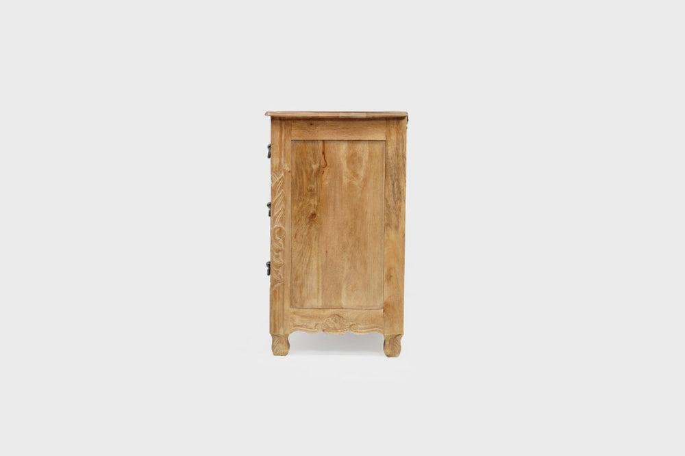 HomeRoots 30 Inch Solid Wood Nightstand with Floral Carved Front and Three Storage Drawers 721468