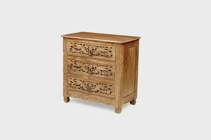 30 Inch Solid Wood Nightstand with Floral Carved Front and Three Storage Drawers
