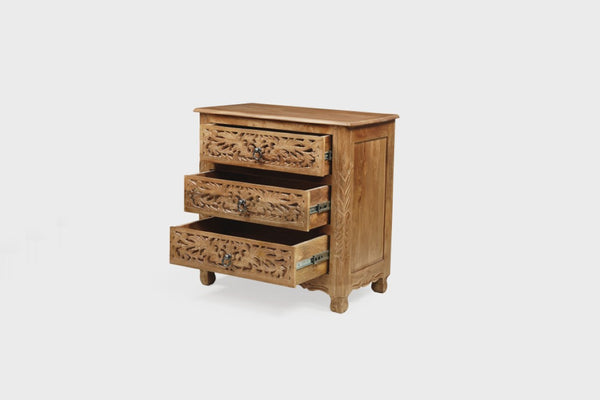 30 Inch Solid Wood Nightstand with Floral Carved Front and Three Storage Drawers
