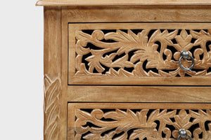 30 Inch Solid Wood Nightstand with Floral Carved Front and Three Storage Drawers