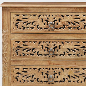 30 Inch Solid Wood Nightstand with Floral Carved Front and Three Storage Drawers