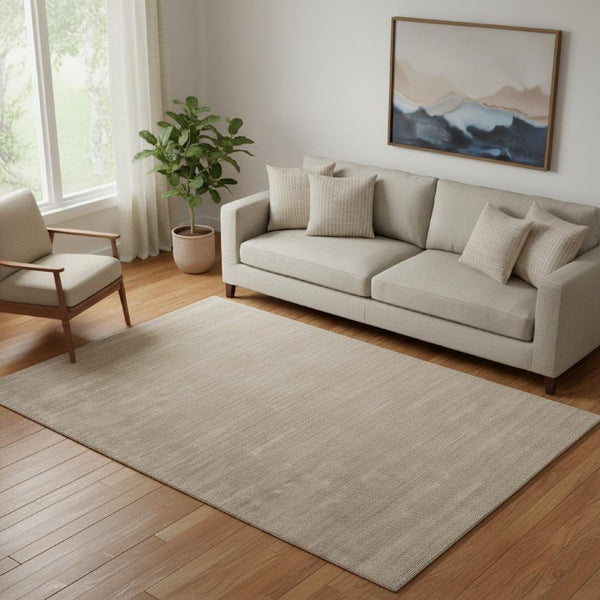 Hand Woven Nylon Area Rug Stain Resistant Tan Neutral Artisan Craft for Living Rooms