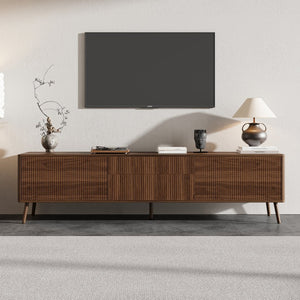 English Elm 70 Inch Fluted Entertainment Center Walnut Finish Solid Wood Legs Soft Close Storage N710P372539P
