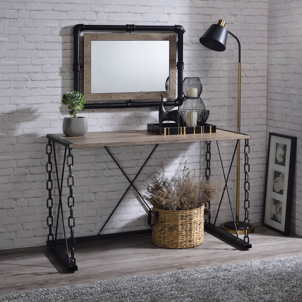 English Elm Rustic Oak Console Table with Antique Black Metal Chain Frame — Vintage Warmth, Industrial Charm, 48.5"W B062P189092