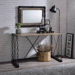 English Elm Rustic Oak Console Table with Antique Black Metal Chain Frame — Vintage Warmth, Industrial Charm, 48.5"W B062P189092