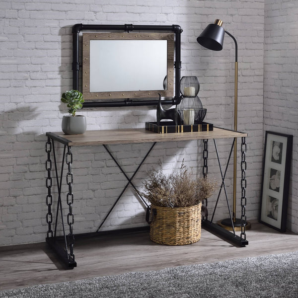 English Elm Rustic Oak Console Table with Antique Black Metal Chain Frame — Vintage Warmth, Industrial Charm, 48.5"W B062P189092