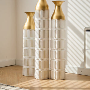 English Elm Floor White Metal Vases Set of 3 — Tall Glazed Cylinder Decor with Hammered Gold Trim, 24/28.7/33.5in W2796P193943