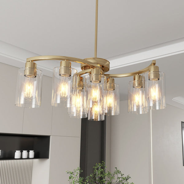 English Elm 9-Light Modern Farmhouse Chandelier with Clear Glass Shades, Adjustable Height, Industrial Iron Fixture Gold W2312P374989