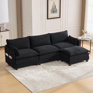 English Elm United We Win Modular Corduroy Sectional with Ottoman Low Profile Living Room Couch Black W1568S00260
