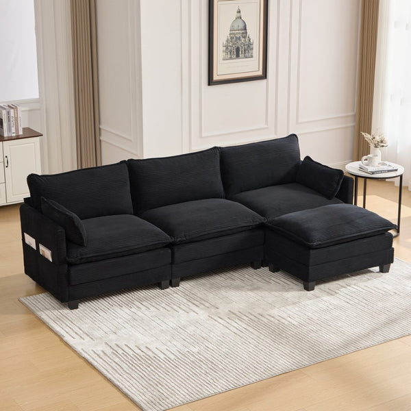 English Elm United We Win Modular Corduroy Sectional with Ottoman Low Profile Living Room Couch Black W1568S00260