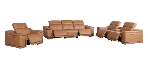 Three Piece Genuine Leather Living Room Sofa Set Seating Six in Chestnut Brown