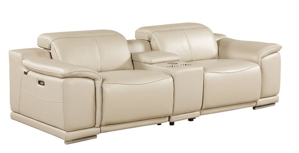 Three Piece Genuine Leather Sectional Sofa Set Seating Six in Warm Neutral Tones
